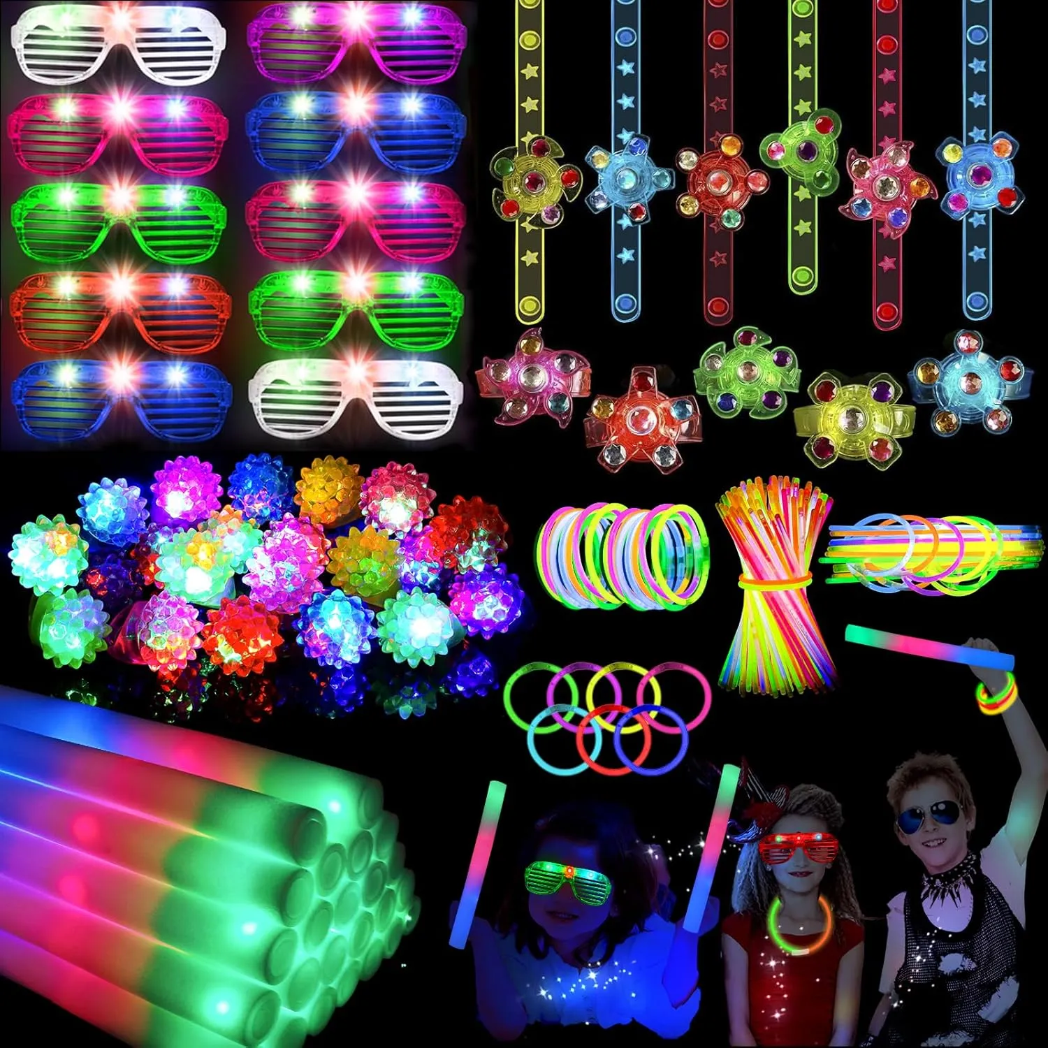 240PCS Glow in the Dark Party Supplies, Glow Sticks Bulk Party Pack, 10PCS Foam Glow Sticks, 10PCS LED Glasses, 10PCS Light Up Rings, 10PCS LED Light Up Fidget Spinner Bracelets, 200PCS Glow Sticks