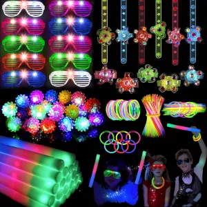 240PCS Glow in the Dark Party Supplies, Glow Sticks Bulk Party Pack, 10PCS Foam Glow Sticks, 10PCS LED Glasses, 10PCS Light Up Rings, 10PCS LED Light Up Fidget Spinner Bracelets, 200PCS Glow Sticks