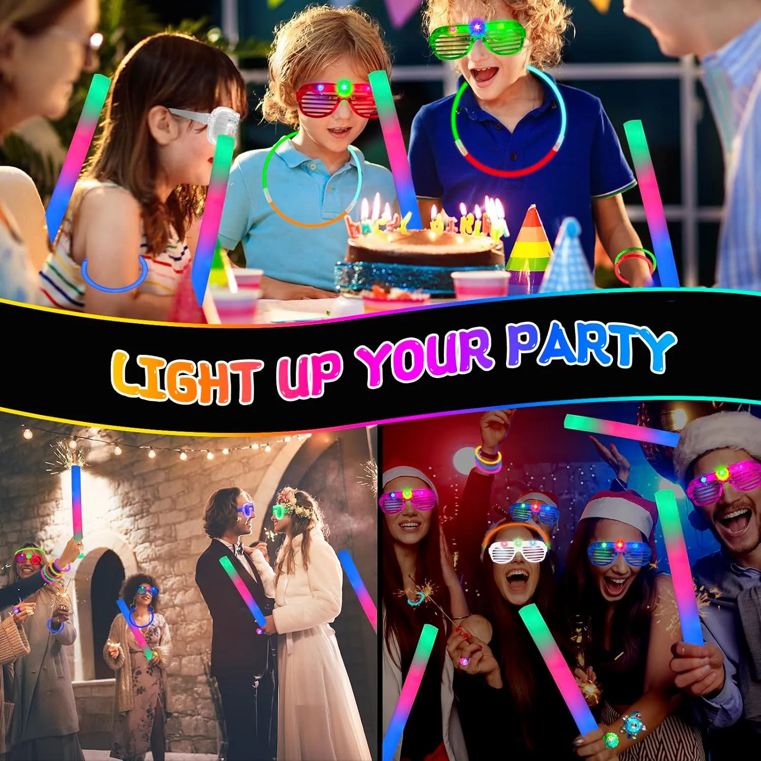 240PCS Glow in the Dark Party Supplies, Glow Sticks Bulk Party Pack, 10PCS Foam Glow Sticks, 10PCS LED Glasses, 10PCS Light Up Rings, 10PCS LED Light Up Fidget Spinner Bracelets, 200PCS Glow Sticks