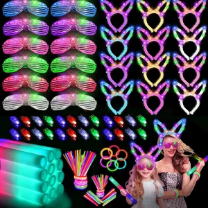260 Glow in the Dark Party Supplies:Glow Sticks Bulk Party Pack, Glowsticks,Foam Glow Sticks, LED Glasses, Finger Lights,Glow Rabbit Ear Headband,Hora Loca，Birthday party