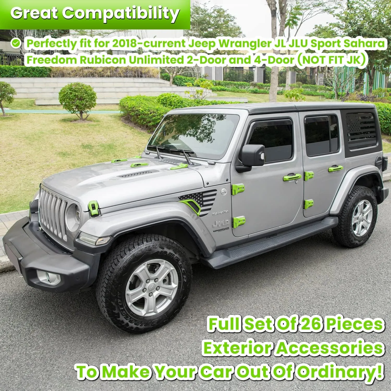 26PCS Full Set Exterior Decoration Trim Kit for Jeep Wrangler JL JLU 2018-2023 Door Hinge Handle Engine Hood Hinge Hood Latch Wheel Eyebrow Side Air Outlet Rear Tailgate Window Hinge Cover (Green)