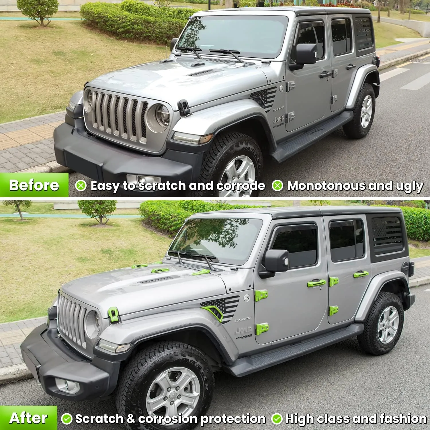 26PCS Full Set Exterior Decoration Trim Kit for Jeep Wrangler JL JLU 2018-2023 Door Hinge Handle Engine Hood Hinge Hood Latch Wheel Eyebrow Side Air Outlet Rear Tailgate Window Hinge Cover (Green)