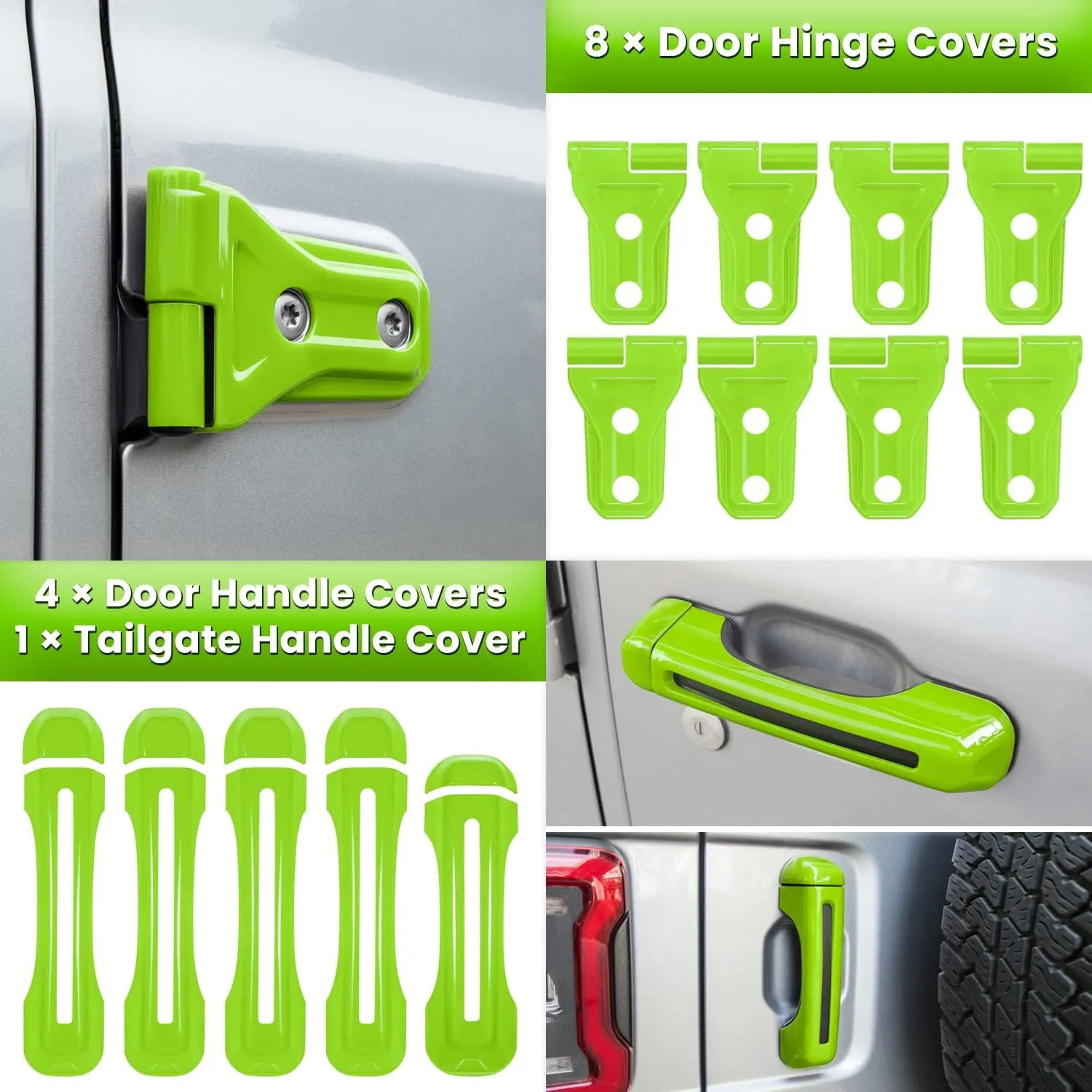 26PCS Full Set Exterior Decoration Trim Kit for Jeep Wrangler JL JLU 2018-2023 Door Hinge Handle Engine Hood Hinge Hood Latch Wheel Eyebrow Side Air Outlet Rear Tailgate Window Hinge Cover (Green)