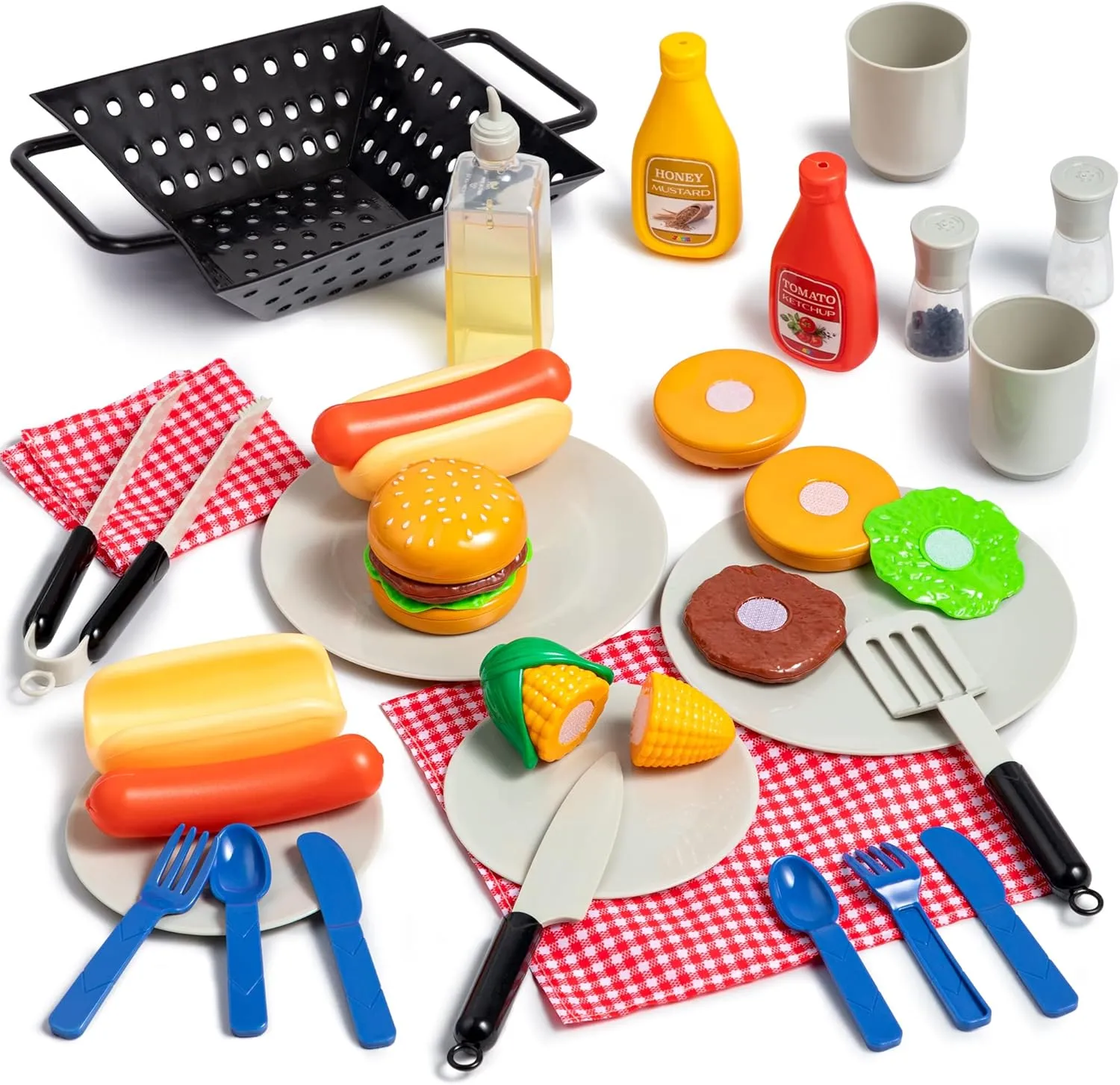 27 PCS Kids BBQ Grill Playset Backyard Barbecue Play Grill Toy Set for Toddlers, Play Food Sets for Kids Kitchen