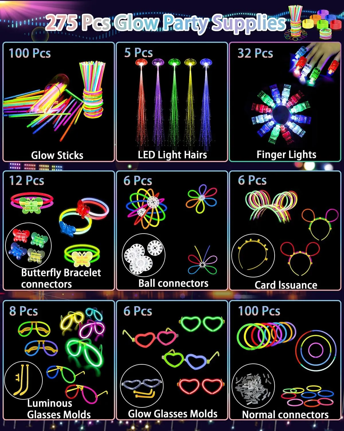 275 PCS Glow in the Dark Party Supplies for Kids Adults, Light Up Party Favors, Glow Sticks Bulk Party Pack Bracelets Finger Lights Glasses Headband LED Light Hair Wedding Birthday New Year Halloween