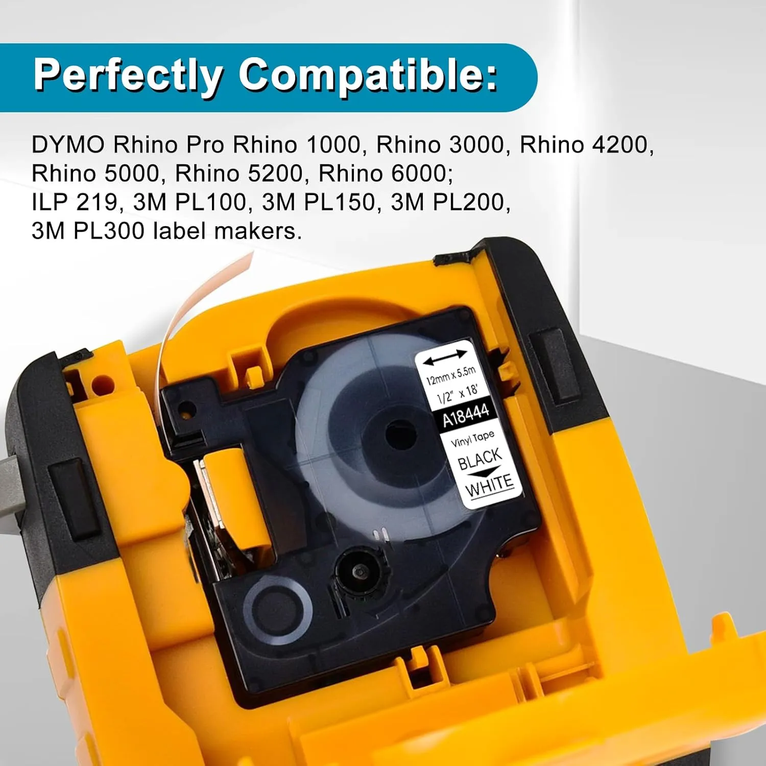 3 Pack Compatible for Dymo Rhino Pro IND Vinyl Label Tape 18444 1/2" 12mm Black on White Label for Rhino and 3M Label Maker Tape