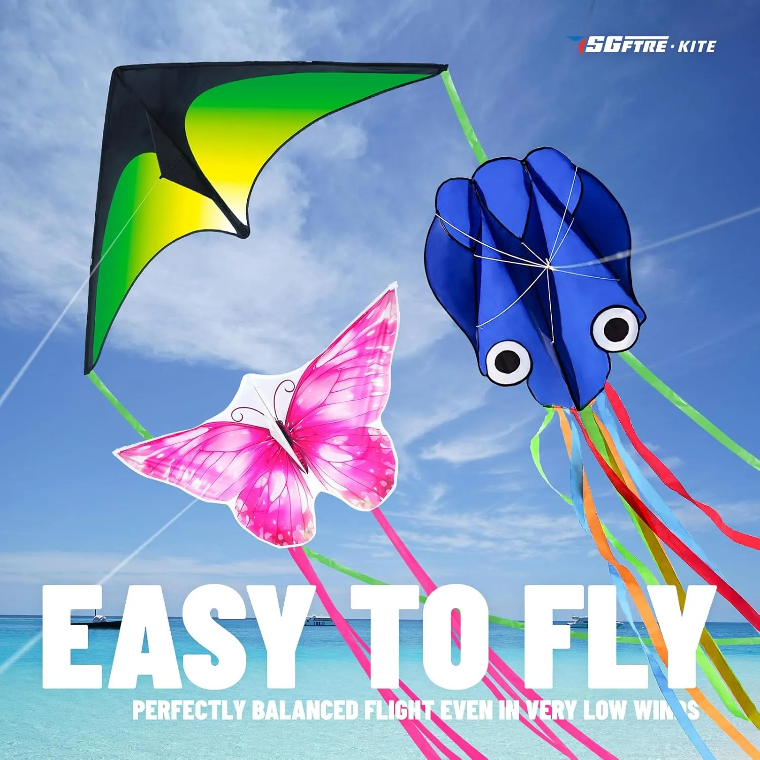 3 Piece Set Butterfly Delta and Octopus Kites for Boys and Girls, Beach Kites for Family Outdoor Games & Activities (Gradient Grassland Green Octopus Blue Pink Dreamy Butterfly, 3)