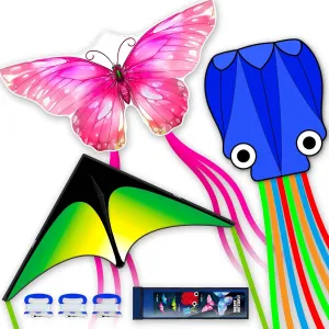 3 Piece Set Butterfly Delta and Octopus Kites for Boys and Girls, Beach Kites for Family Outdoor Games & Activities (Gradient Grassland Green Octopus Blue Pink Dreamy Butterfly, 3)