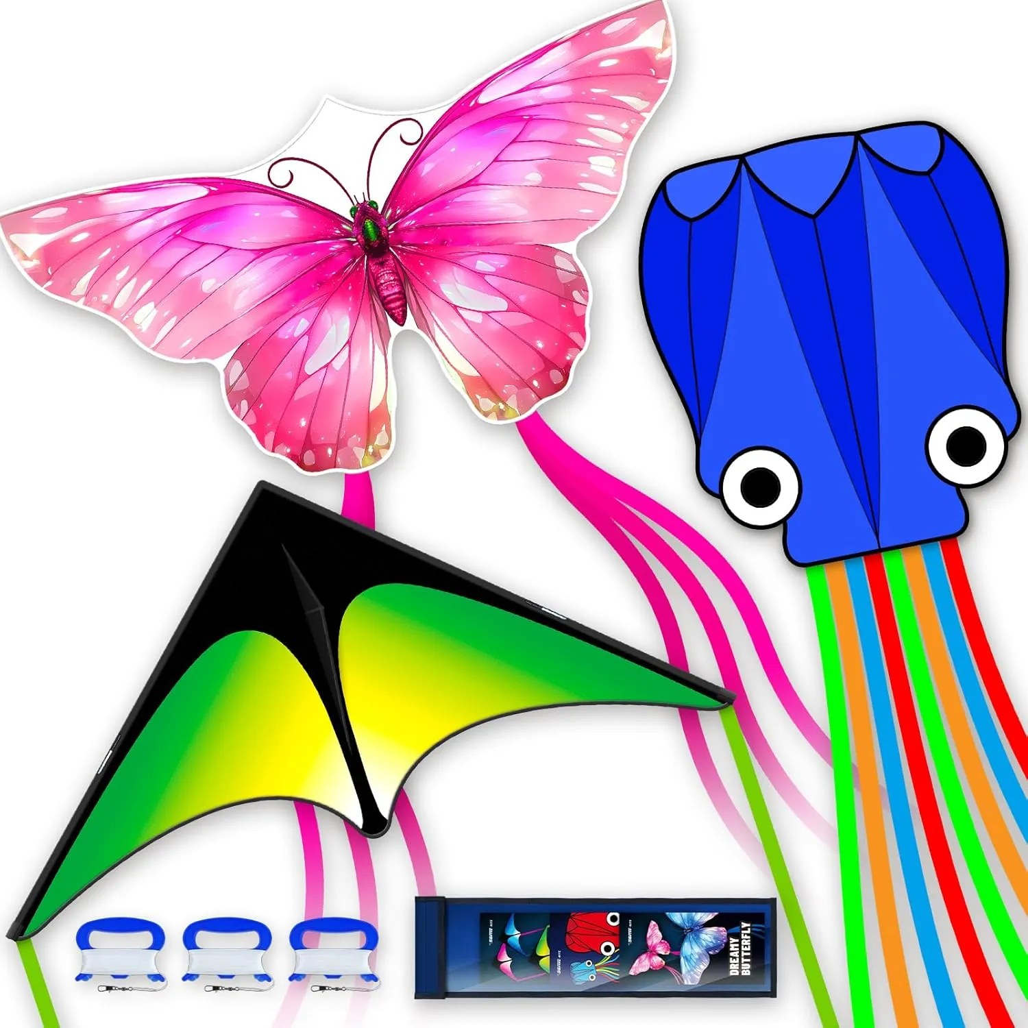 3 Piece Set Butterfly Delta and Octopus Kites for Boys and Girls, Beach Kites for Family Outdoor Games & Activities (Gradient Grassland Green Octopus Blue Pink Dreamy Butterfly, 3)