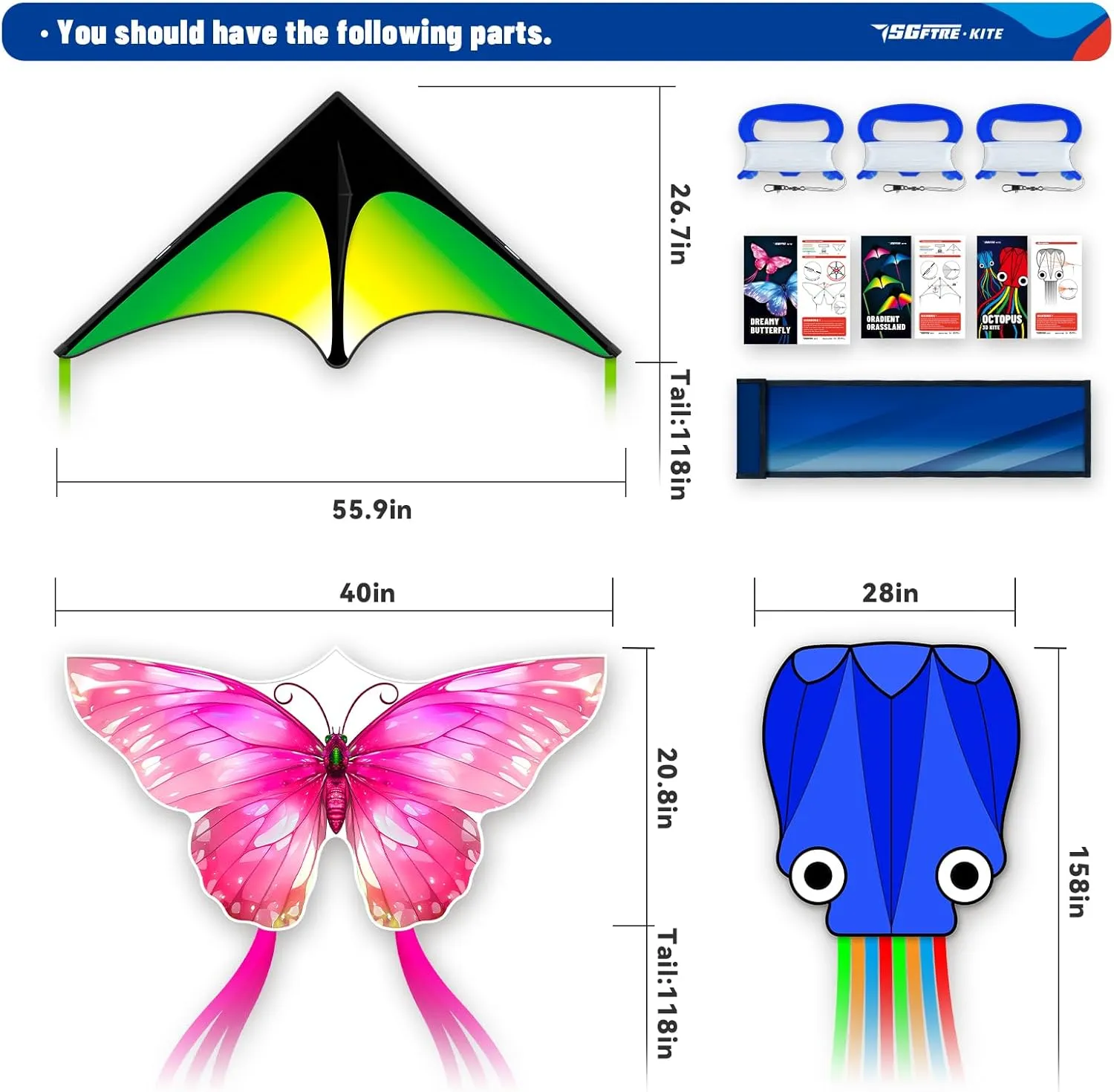 3 Piece Set Butterfly Delta and Octopus Kites for Boys and Girls, Beach Kites for Family Outdoor Games & Activities (Gradient Grassland Green Octopus Blue Pink Dreamy Butterfly, 3)