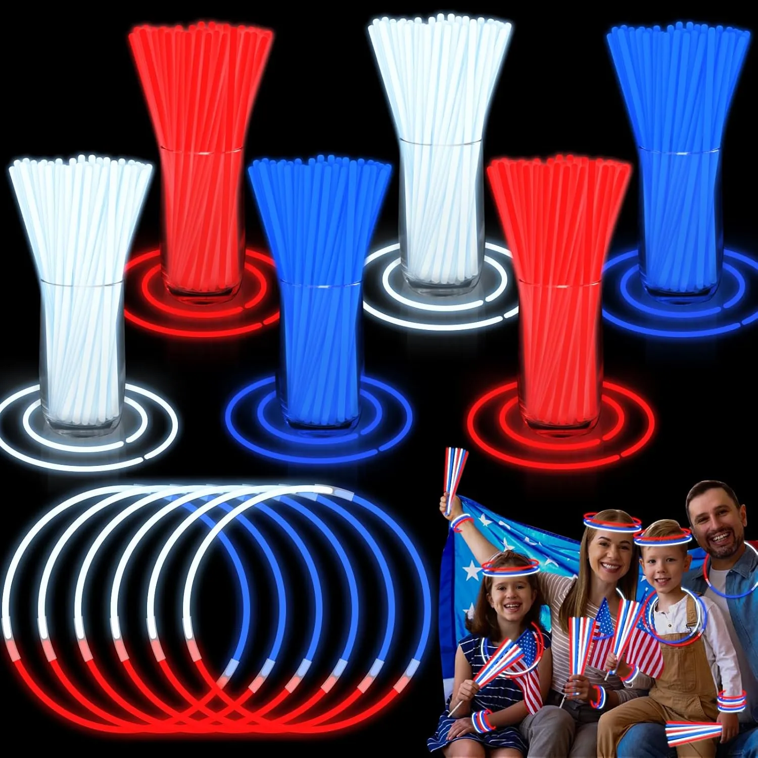 300 Pack 4th of July Glow Sticks Party Favors with Connectors, Patriotic Red White Blue Glow Stick Bracelets Nacklaces Glow in the Dark Party Accessories Memorial Day Decorations,Independence Day