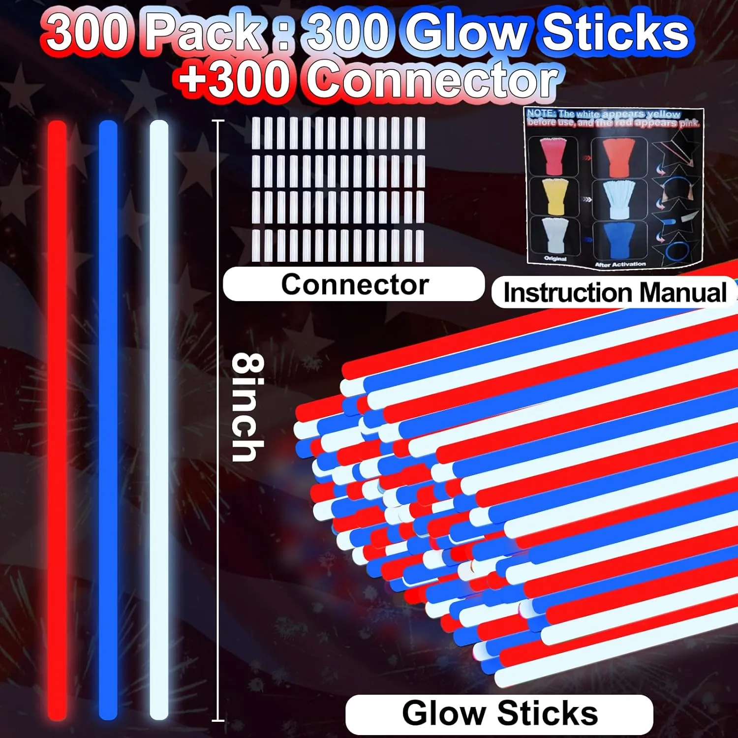 300 Pack 4th of July Glow Sticks Party Favors with Connectors, Patriotic Red White Blue Glow Stick Bracelets Nacklaces Glow in the Dark Party Accessories Memorial Day Decorations,Independence Day
