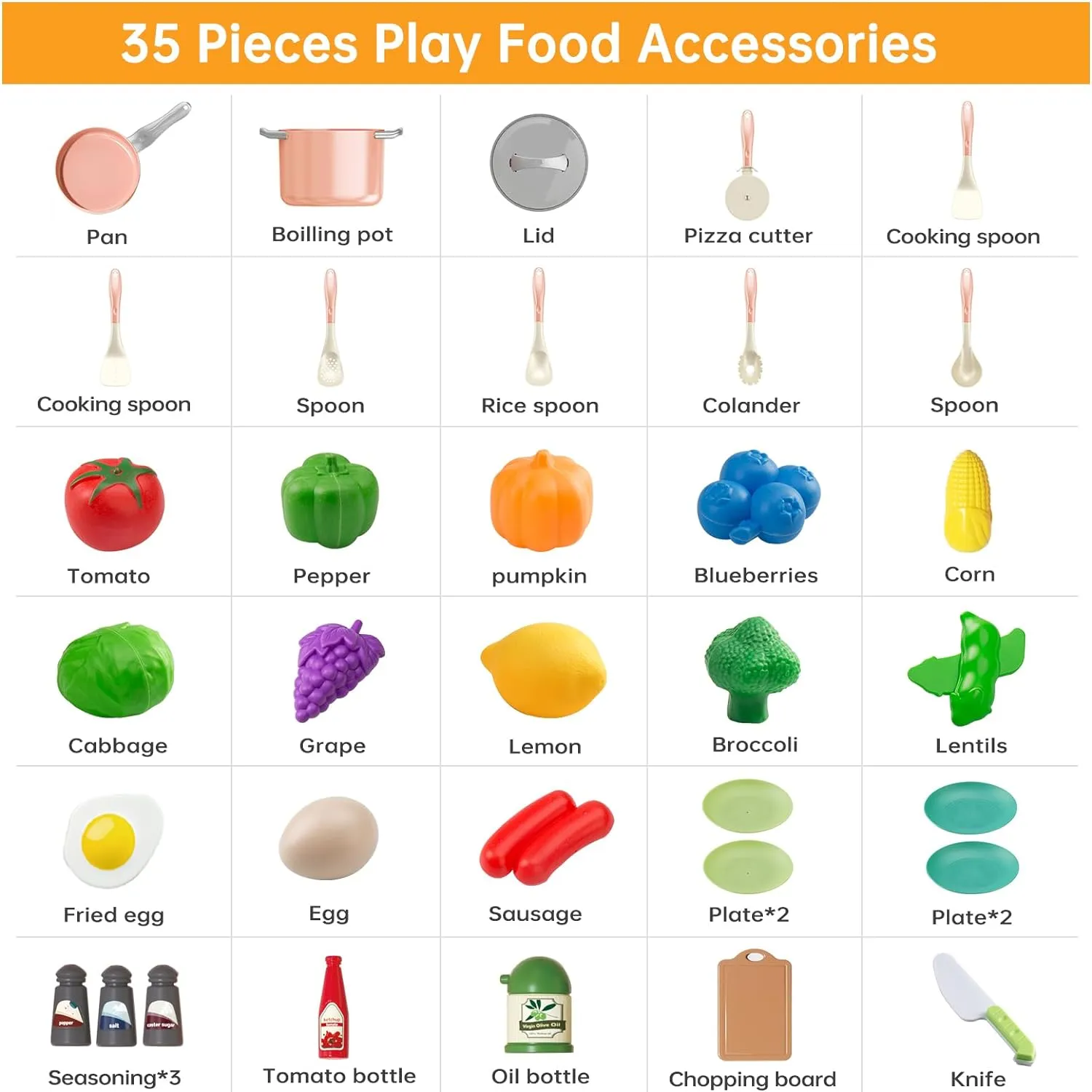 35Pcs Kids Kitchen Toy Accessories, Toddler Pretend Cooking Playset with Play Pots, Pans, Utensils, Cookware, Play Food Set, Toy Vegetables, Learning Gift for Girls, Boys (Pink)