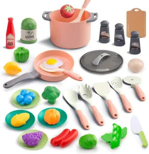 35Pcs Kids Kitchen Toy Accessories, Toddler Pretend Cooking Playset with Play Pots, Pans, Utensils, Cookware, Play Food Set, Toy Vegetables, Learning Gift for Girls, Boys (Pink)