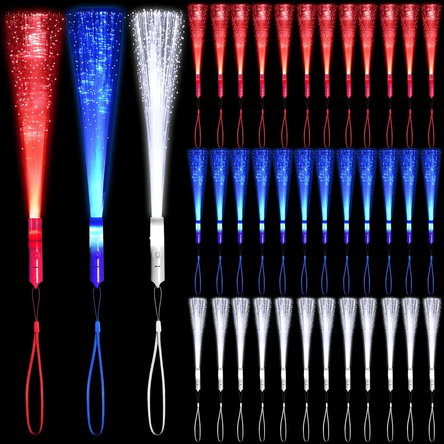 36 Pack Red Blue White Glow Sticks Light Up Fiber Optic Stick Glow Wands Bulk with 3 Flashing Models for 4th of July Halloween Party Favors