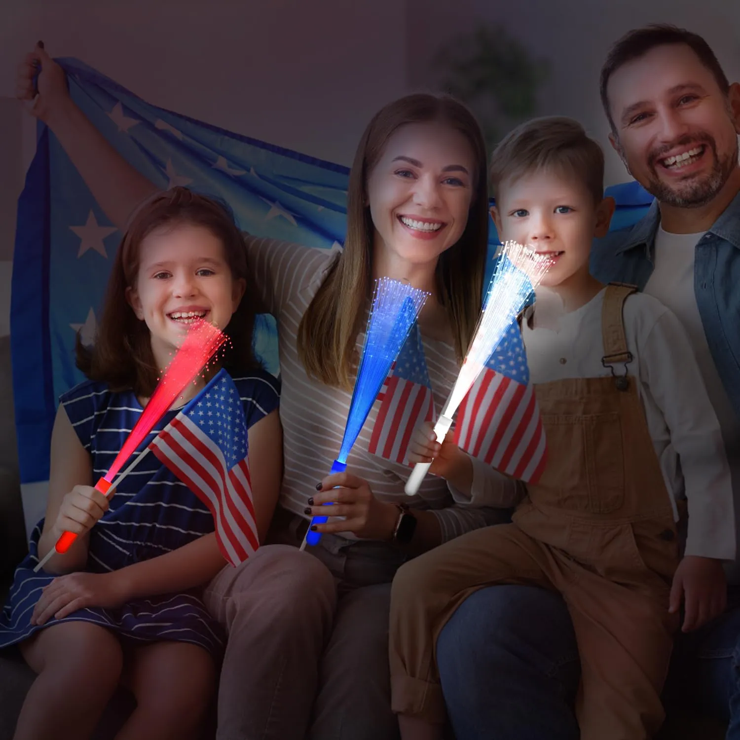 36 Pack Red Blue White Glow Sticks Light Up Fiber Optic Stick Glow Wands Bulk with 3 Flashing Models for 4th of July Halloween Party Favors