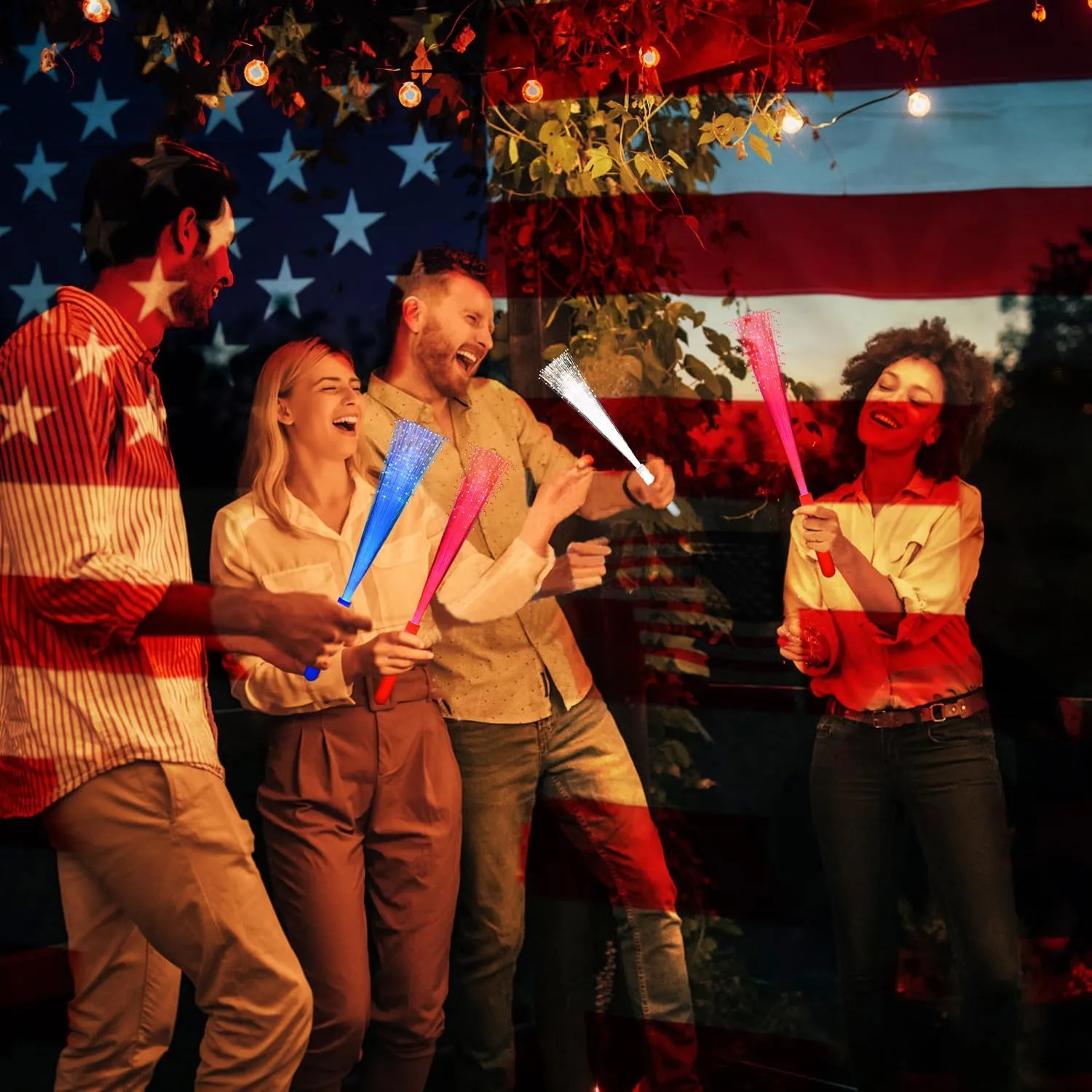 36 Pack Red Blue White Glow Sticks Light Up Fiber Optic Stick Glow Wands Bulk with 3 Flashing Models for 4th of July Halloween Party Favors