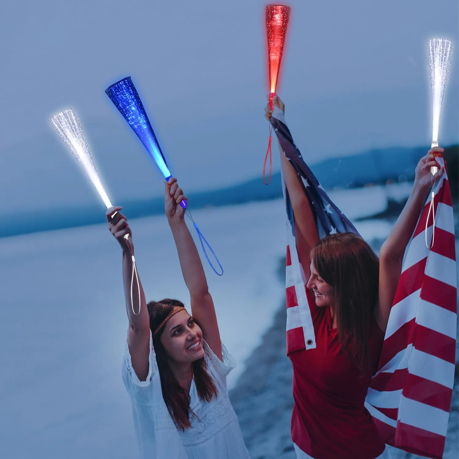 36 Pack Red Blue White Glow Sticks Light Up Fiber Optic Stick Glow Wands Bulk with 3 Flashing Models for 4th of July Halloween Party Favors
