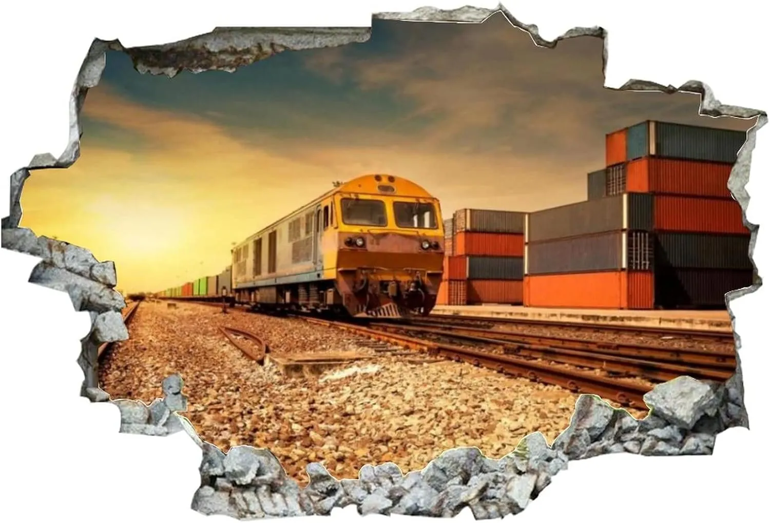3D Broken Wall Stickers Stickers Cargo Train Platform and Container at Sunset 36 x 24 Inch Removable Wall Decal, Peel and Stick Landscape Wall Decor for Bedroom Living Room, Mural Art for Kids Boys G