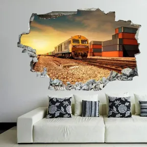3D Broken Wall Stickers Stickers Cargo Train Platform and Container at Sunset 36 x 24 Inch Removable Wall Decal, Peel and Stick Landscape Wall Decor for Bedroom Living Room, Mural Art for Kids Boys G