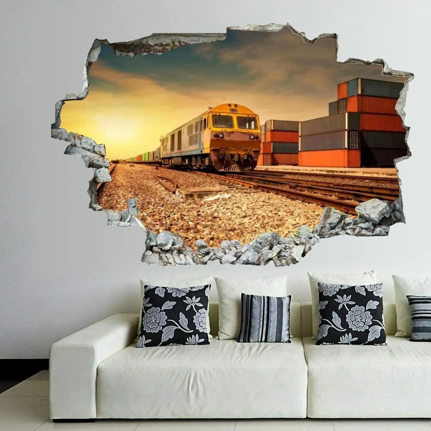3D Broken Wall Stickers Stickers Cargo Train Platform and Container at Sunset 36 x 24 Inch Removable Wall Decal, Peel and Stick Landscape Wall Decor for Bedroom Living Room, Mural Art for Kids Boys G