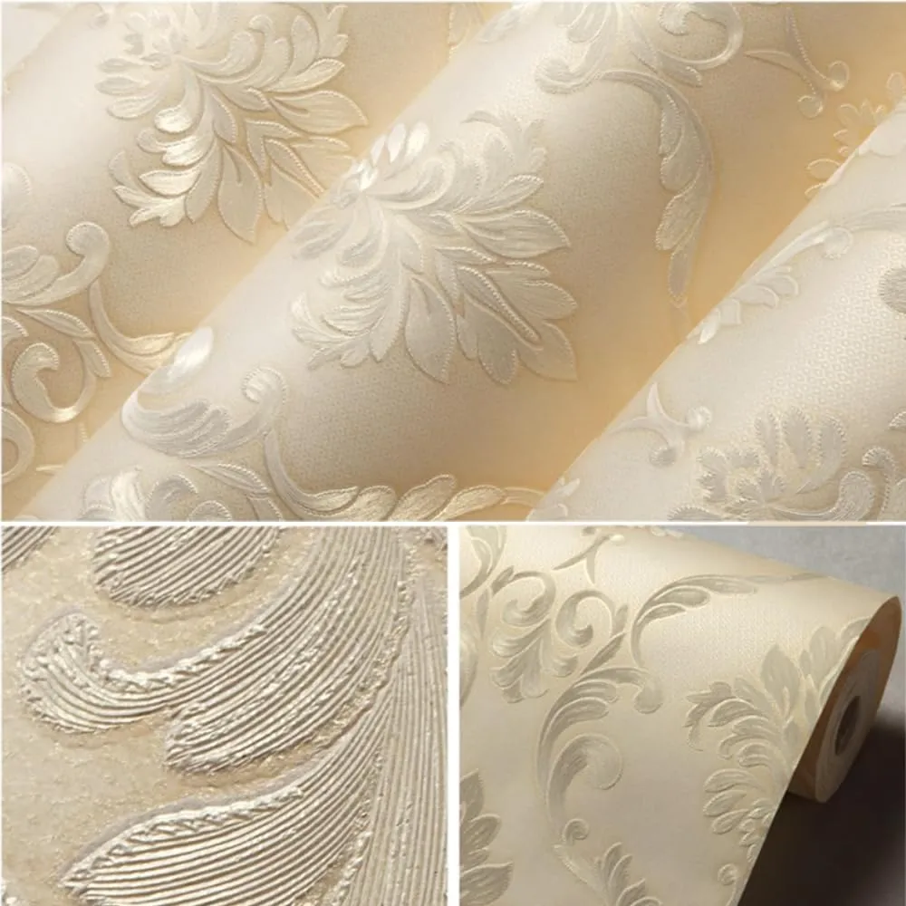 3D Damask Pattern Carving Pattern TV Background Living Room Bedroom Cafe Hotel Modern Minimalist European Style 1.73'W x 32.8‘L Non-Woven Non-Pasted Wallpaper (Beige)