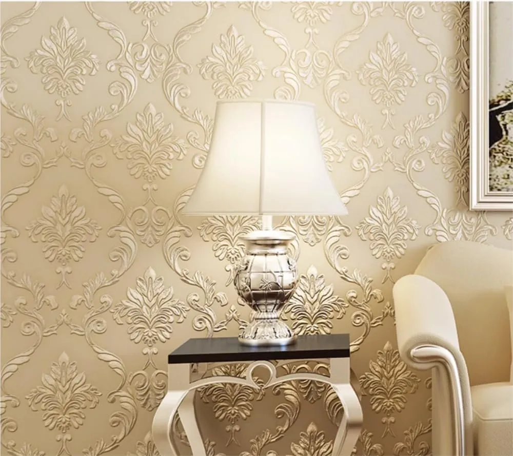 3D Damask Pattern Carving Pattern TV Background Living Room Bedroom Cafe Hotel Modern Minimalist European Style 1.73'W x 32.8‘L Non-Woven Non-Pasted Wallpaper (Beige)