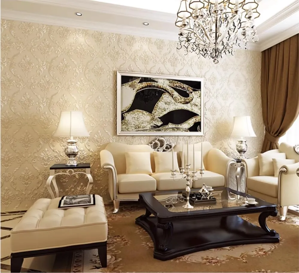 3D Damask Pattern Carving Pattern TV Background Living Room Bedroom Cafe Hotel Modern Minimalist European Style 1.73'W x 32.8‘L Non-Woven Non-Pasted Wallpaper (Beige)