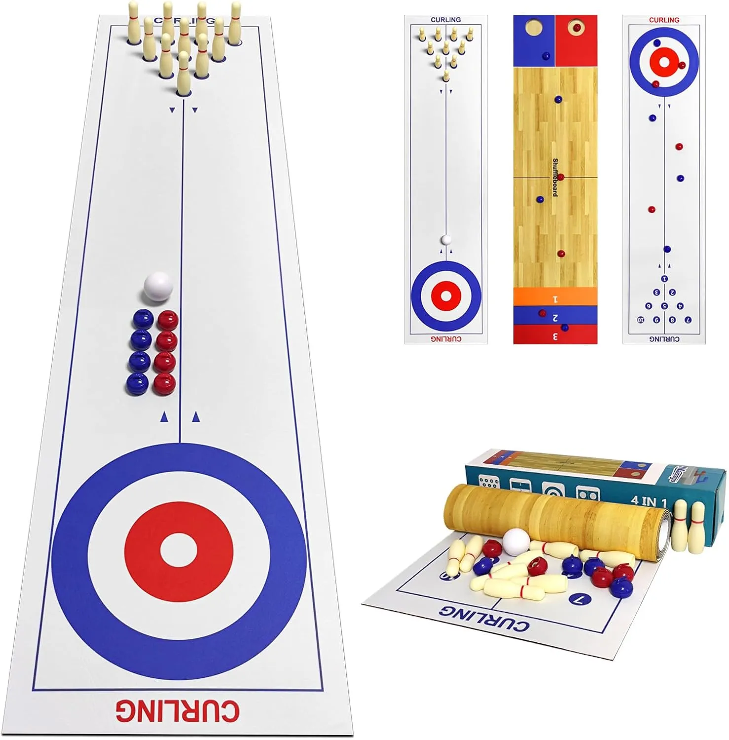 4-in-1 Tabletop Curling, Shuffleboard, Bowling & Cornhole Game - 47"(120x30cm) Family Game Set for All Ages - Easy Setup & Compact Design, Great for Home & Outdoor Fun