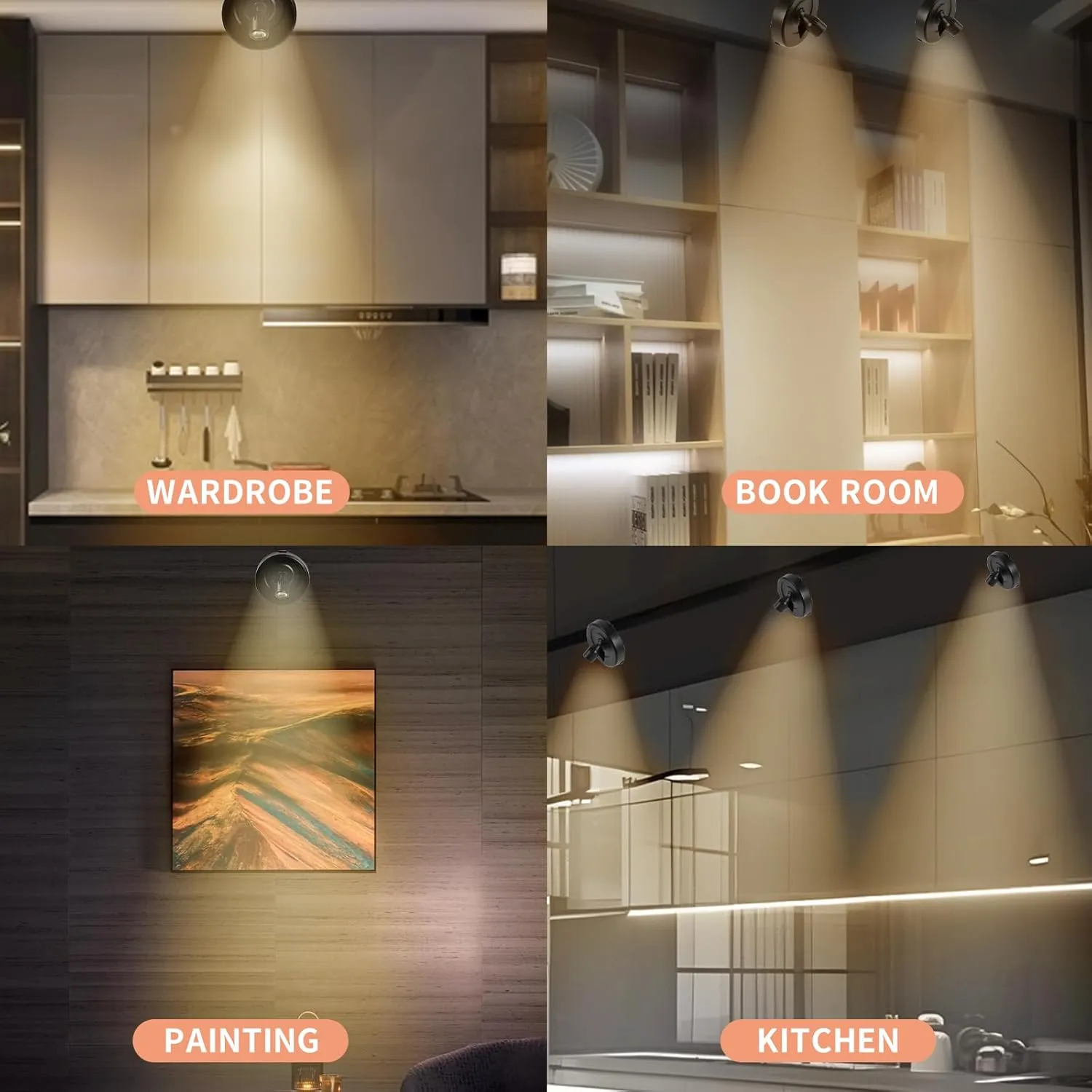 4-Pack Wireless LED Spotlight Battery Operated Picture Lights, Puck Lights with 2 Remote, Dimmable Stick Spotlights with Timmer for Wall Display Painting Dartboard Artwork Accent Closet