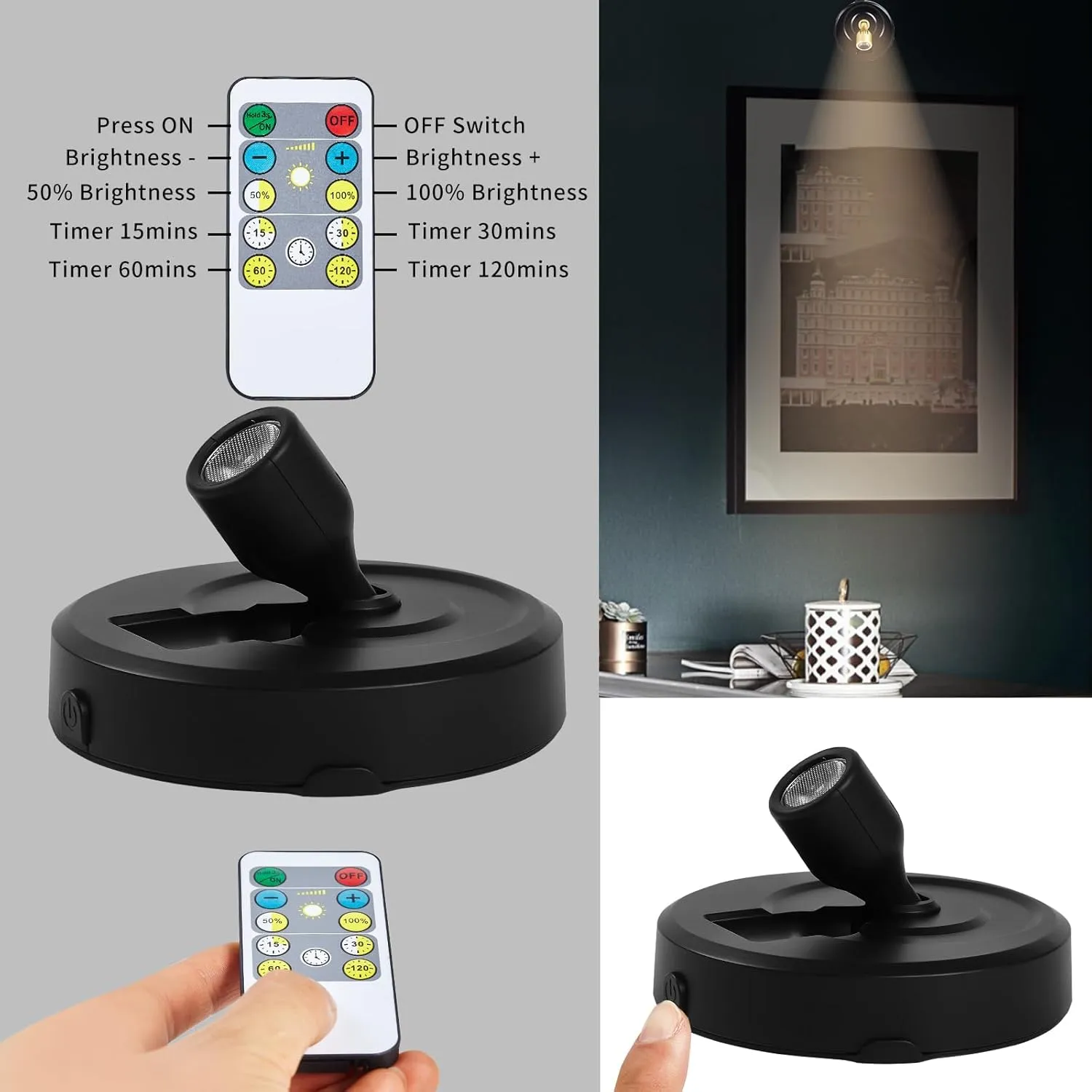 4-Pack Wireless LED Spotlight Battery Operated Picture Lights, Puck Lights with 2 Remote, Dimmable Stick Spotlights with Timmer for Wall Display Painting Dartboard Artwork Accent Closet