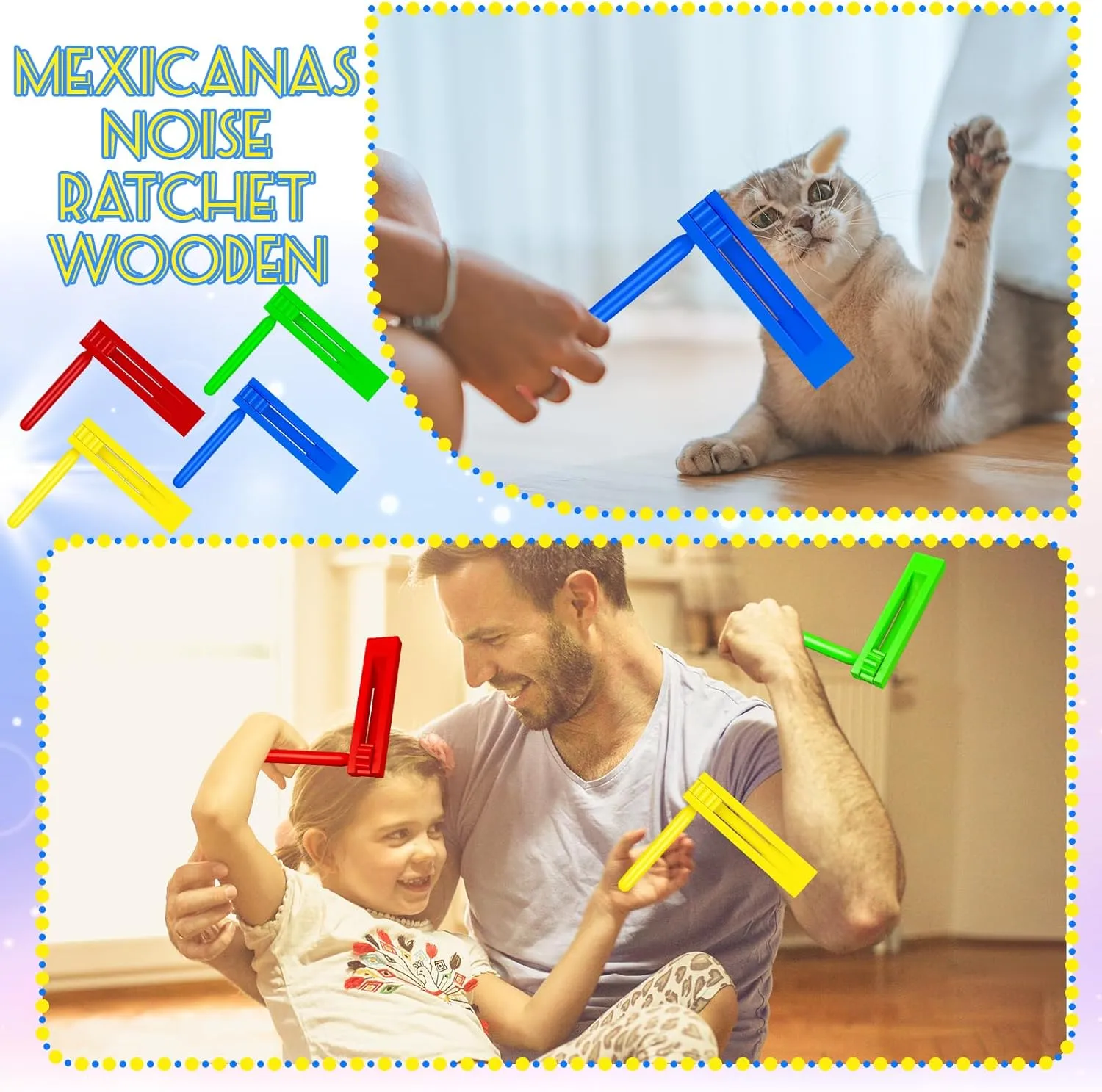 4 Pcs Mexicanas Noise Ratchet Blue Spinning Rattle Ratchet Noise maker Traditional Wooden Matraca for Graduation Birthday Parties Football Games Sporting Events