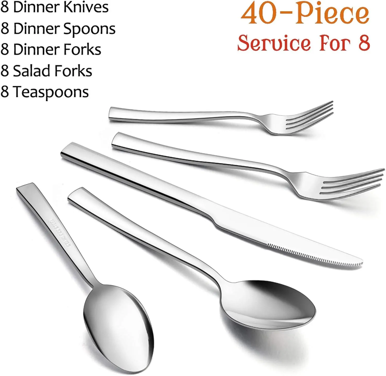40-Piece Silverware Set, E-far Stainless Steel Flatware Set Service for 8, Modern Tableware Cutlery Set for Home and Restaurant, Square Edge & Mirror Finish, Dishwasher Safe