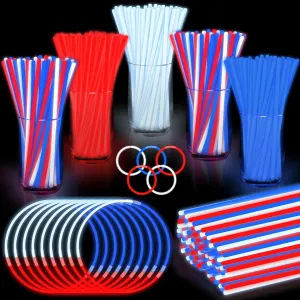 480 PCS 4th of July Glow Sticks with Connectors, Red White Blue Glow in The Dark Stick, Light Up Bracelets Necklaces Accessories for Kids Adults, Party Favor Supplies For Party Favor Independence Day
