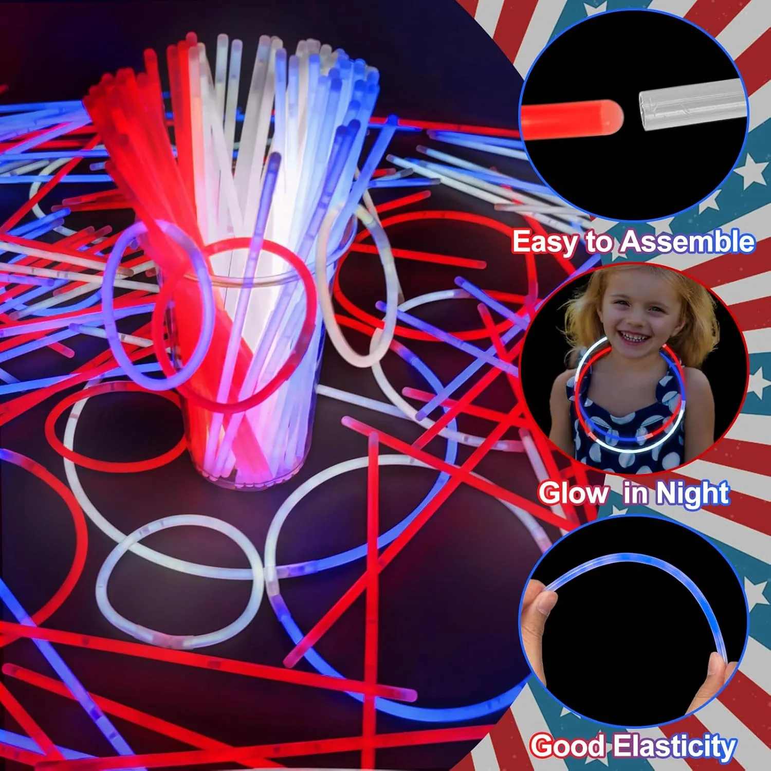 480 PCS 4th of July Glow Sticks with Connectors, Red White Blue Glow in The Dark Stick, Light Up Bracelets Necklaces Accessories for Kids Adults, Party Favor Supplies For Party Favor Independence Day