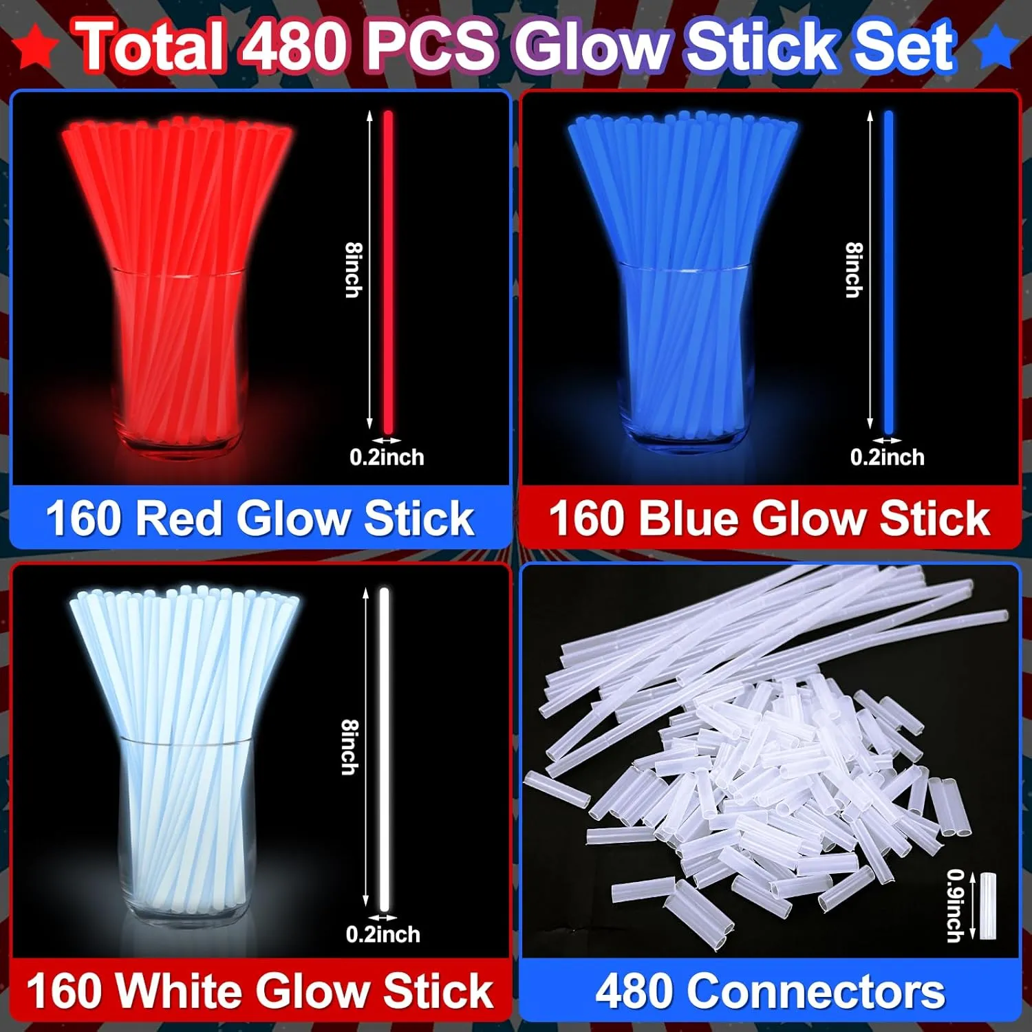 480 PCS 4th of July Glow Sticks with Connectors, Red White Blue Glow in The Dark Stick, Light Up Bracelets Necklaces Accessories for Kids Adults, Party Favor Supplies For Party Favor Independence Day