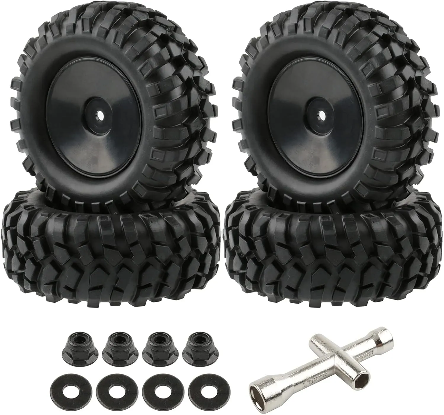 4pcs RC Trailer Tires, 12mm Hex Hard Dish Wheel Rim and Tires with Lock Nuts Washers Wrench for 1/10 Rock Crawler Truck Off Road Racing Car Axial RC4WD Tamiya MST HSP
