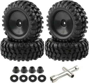 4pcs RC Trailer Tires, 12mm Hex Hard Dish Wheel Rim and Tires with Lock Nuts Washers Wrench for 1/10 Rock Crawler Truck Off Road Racing Car Axial RC4WD Tamiya MST HSP