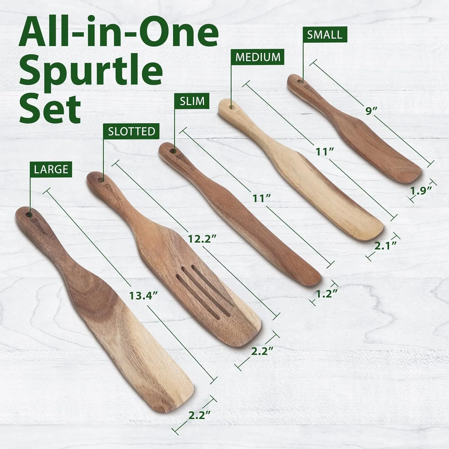 5 Pcs Wooden Spurtle Set - 100% Natural Acacia Wood Cooking Utensils Set - Safe for Nonstick Cookware - Stirs Like a Spoon, Flips Like A Spatula - Spurtles Kitchen Tools Wooden As Seen On TV Paddle