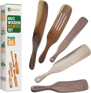 5 Pcs Wooden Spurtle Set - 100% Natural Acacia Wood Cooking Utensils Set - Safe for Nonstick Cookware - Stirs Like a Spoon, Flips Like A Spatula - Spurtles Kitchen Tools Wooden As Seen On TV Paddle
