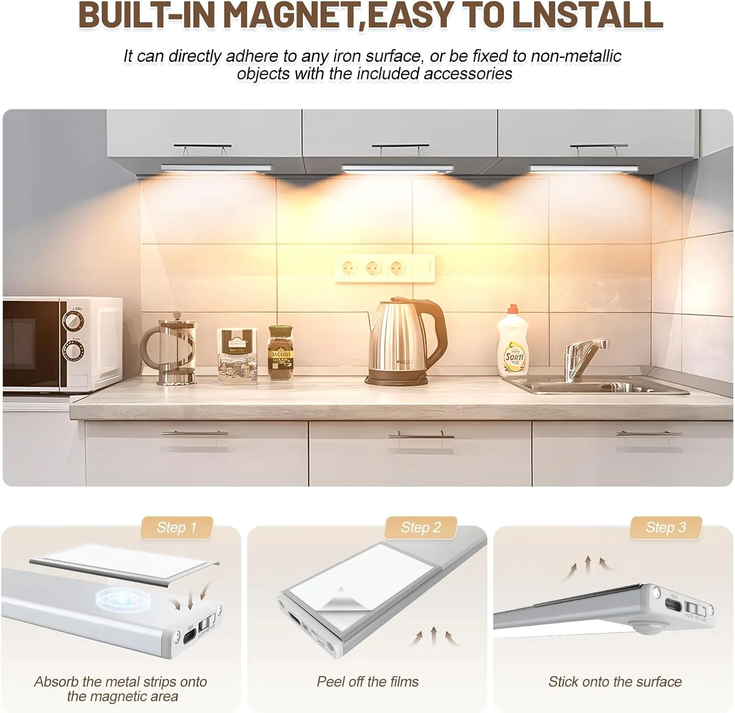 6 Pack Under Cabinet Lighting Wireless, 32 LED Rechargeable Battery Motion Sensor Light Indoor, Stick On Magnetic Closet Lights, Under Counter Lights for Kitchen, Stairs, Warm 8 in