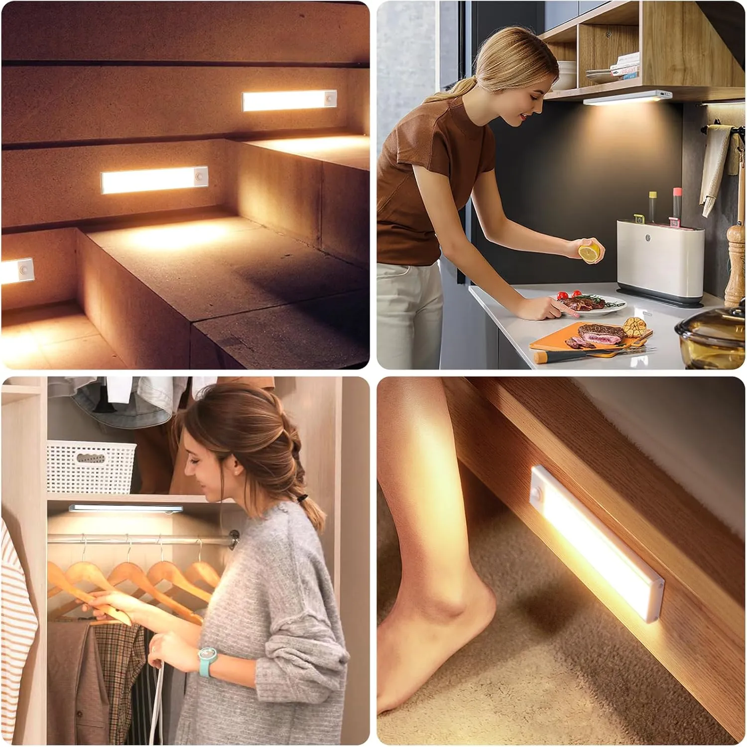 6 Pack Under Cabinet Lighting Wireless, 32 LED Rechargeable Battery Motion Sensor Light Indoor, Stick On Magnetic Closet Lights, Under Counter Lights for Kitchen, Stairs, Warm 8 in