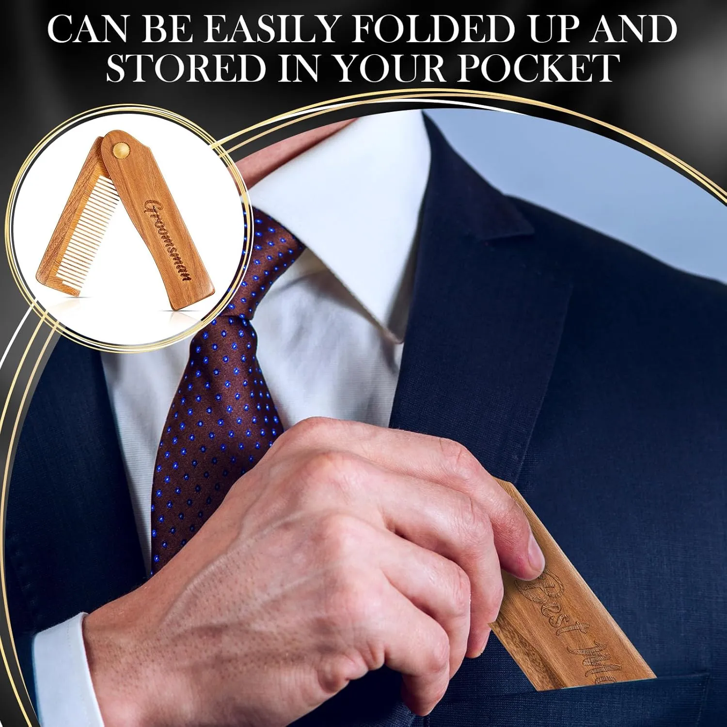 6 Pcs Folding Beard Comb for Men Groomsmen Gift Best Man Gift Pocket Combs Hair Mustache Bulk for Grooming Detangling Wedding Party Favor(Wooden,Wood Color)