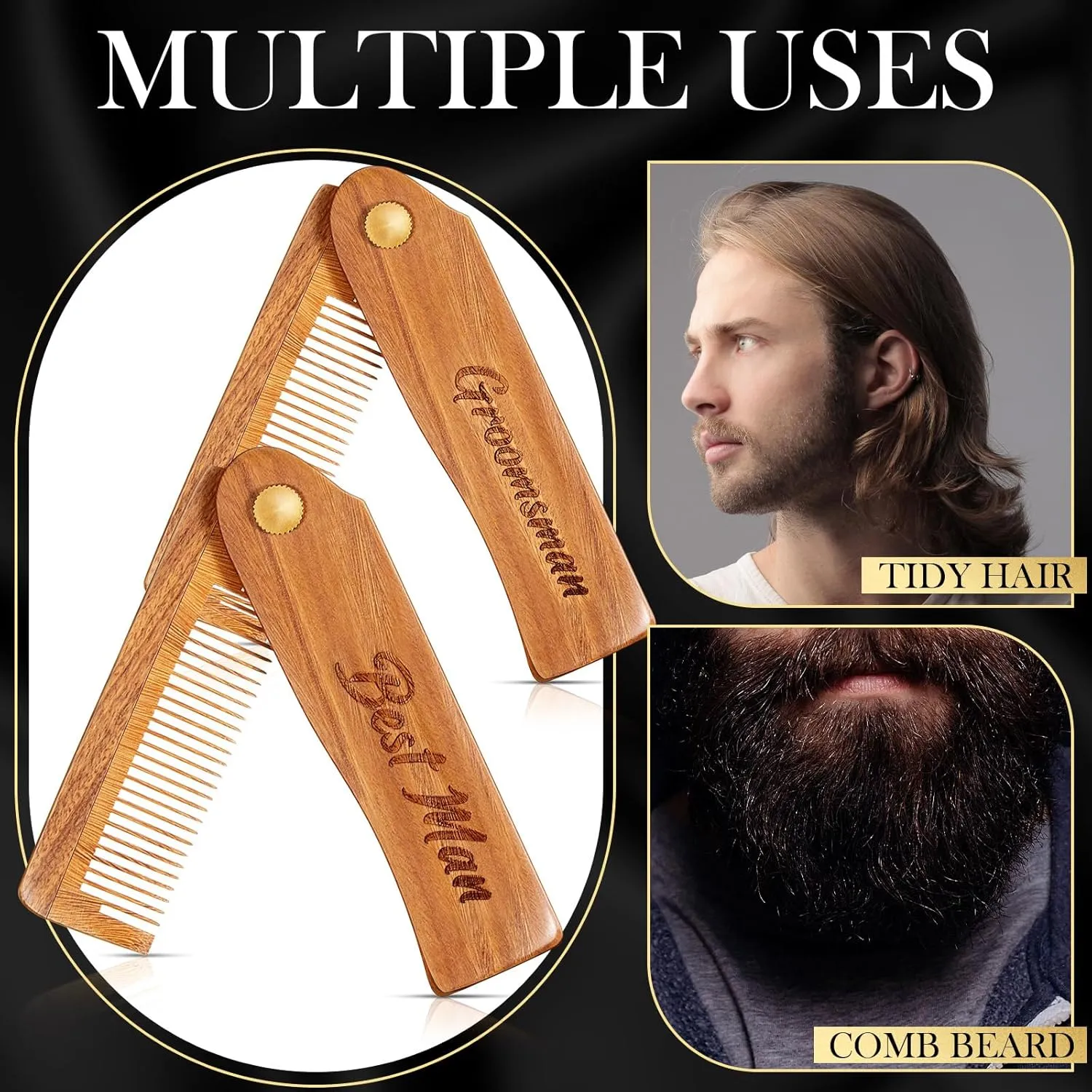 6 Pcs Folding Beard Comb for Men Groomsmen Gift Best Man Gift Pocket Combs Hair Mustache Bulk for Grooming Detangling Wedding Party Favor(Wooden,Wood Color)