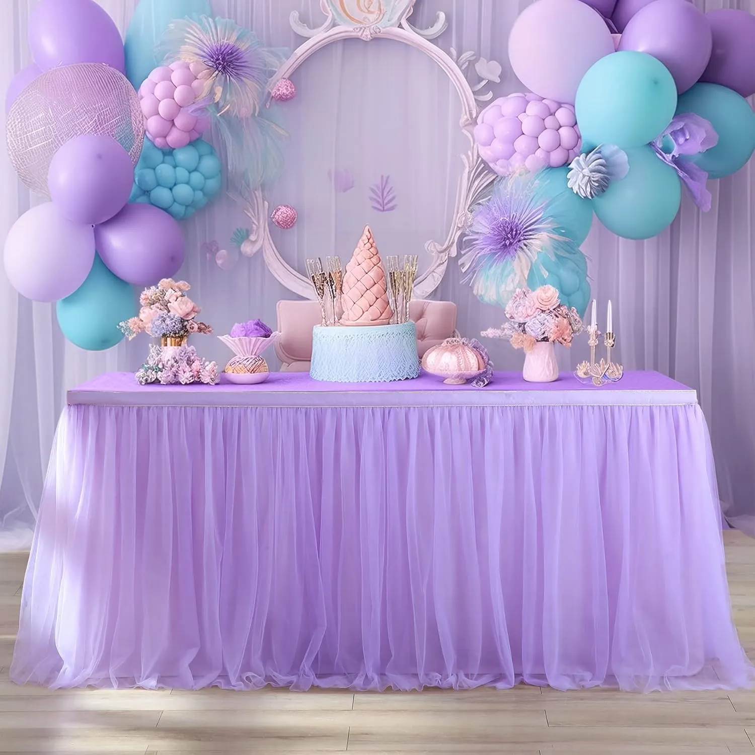 6ft Lavender Tulle Table Skirts for Rectangle Tables or Round Tables Lavender Ruffle Tutu Tablecloth for Girls Baby Shower Birthday Party Wedding Cake Dessert Table Decorations