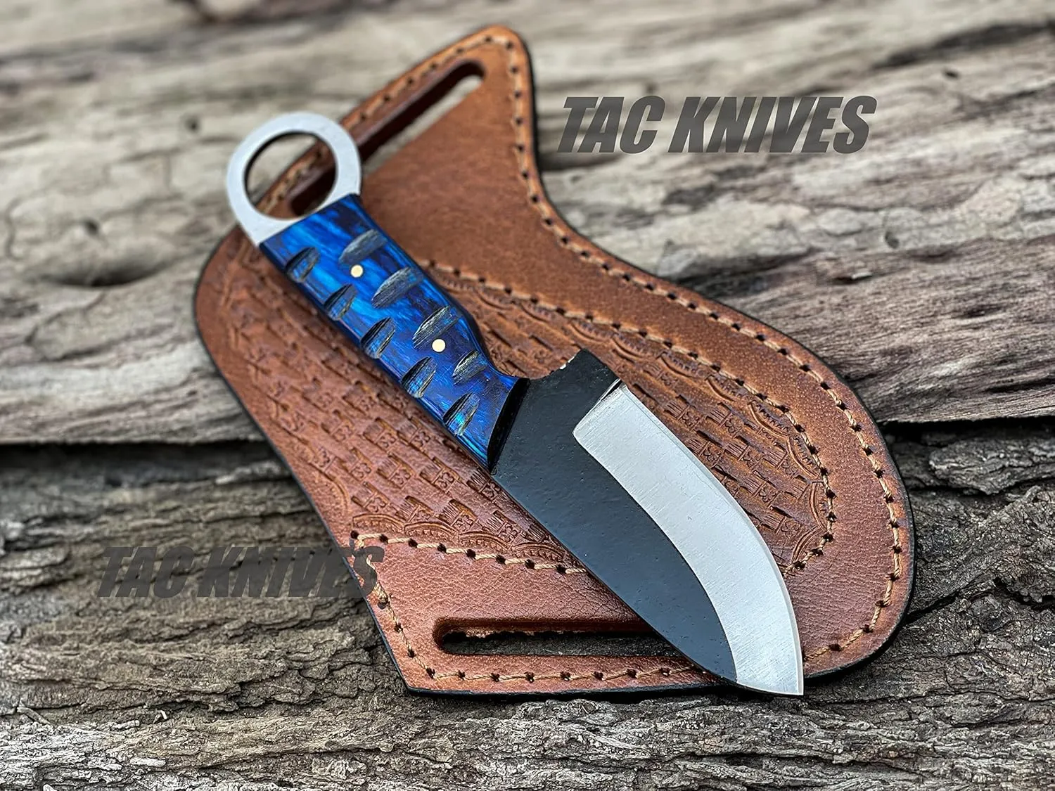 7'' Full Tang Fixed Blade Outdoor Camping Hunting Knife In Sheath Gift For Him | 1095 High Carbon Steel Knife | SKINNER Gift | Cowboy knives | Pancake leather sheath (BLUE)