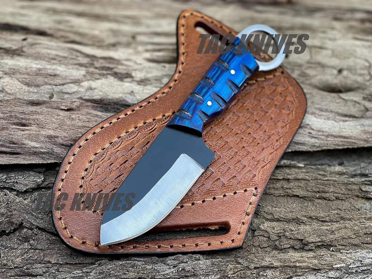 7'' Full Tang Fixed Blade Outdoor Camping Hunting Knife In Sheath Gift For Him | 1095 High Carbon Steel Knife | SKINNER Gift | Cowboy knives | Pancake leather sheath (BLUE)