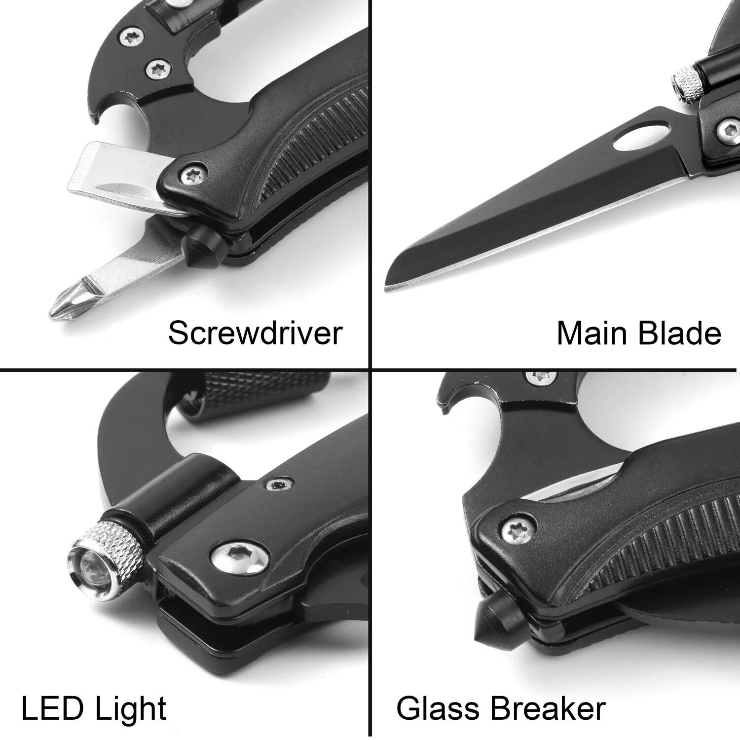 7-in-1 Multi-functional D Ring Locking Carabiner Hook Gear with LED Flashlight