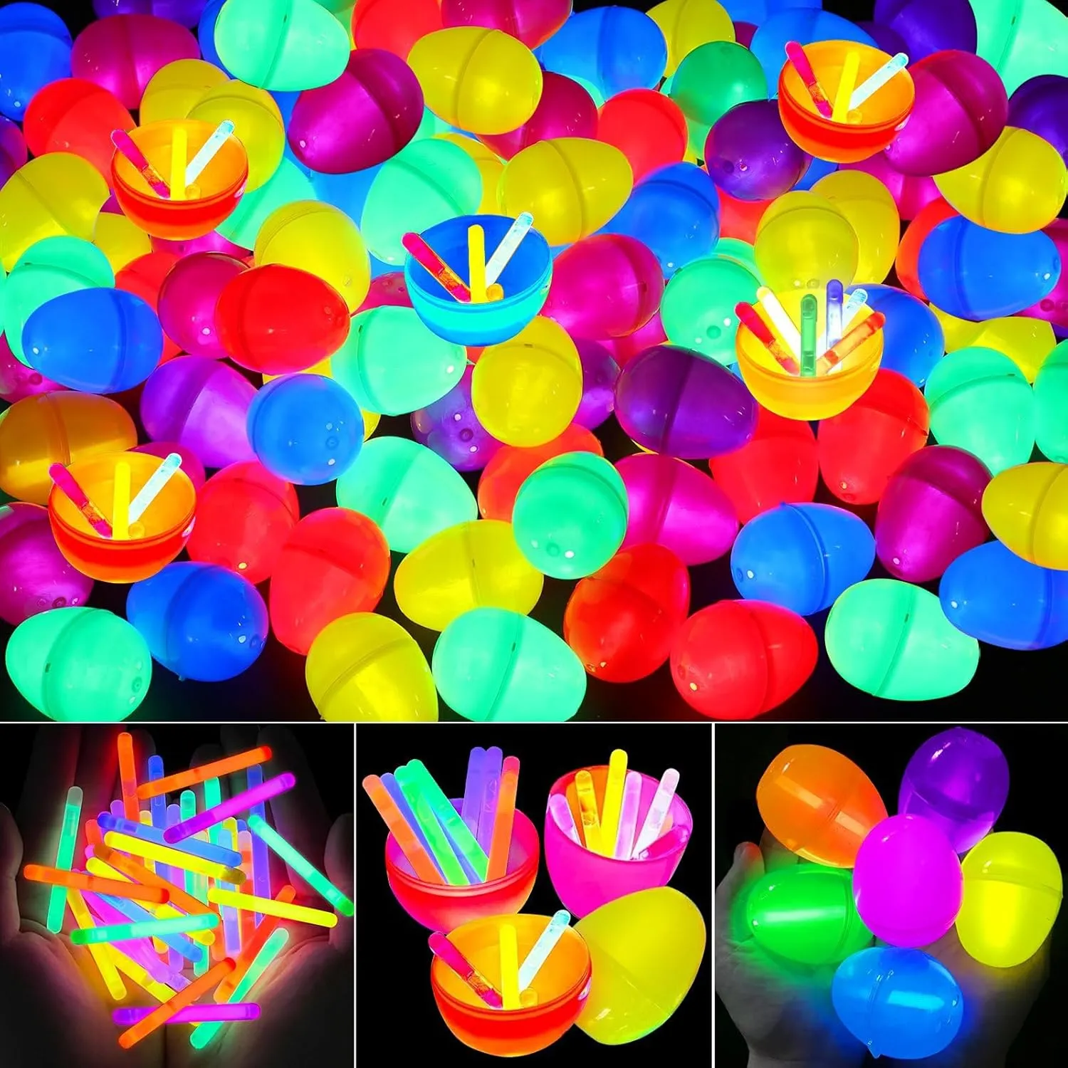 72 Pcs Glow Easter Eggs with 144 Mini Glow Sticks for Kids, Glow in the Dark Easter Eggs Basket Essential Fillers Plastic Surprise Hunt Gifts, Boys Girls Easter Toys Party Favors Class Prizes