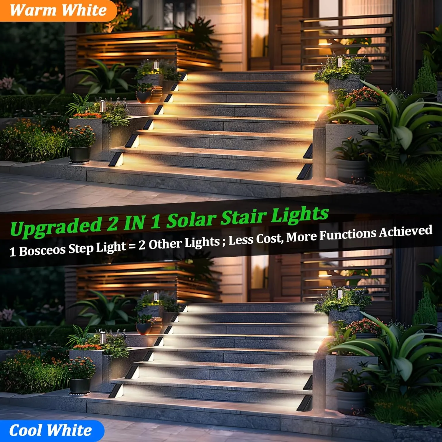 8-Pack Solar Stair Lights Outdoor Waterproof, Upgraded 2-in-1 LED Warm White and Cool White Solar Powered Step Light for Outside, IP67 Auto On/Off Solar Lights for Front Sidewalk Yard Patio Porch